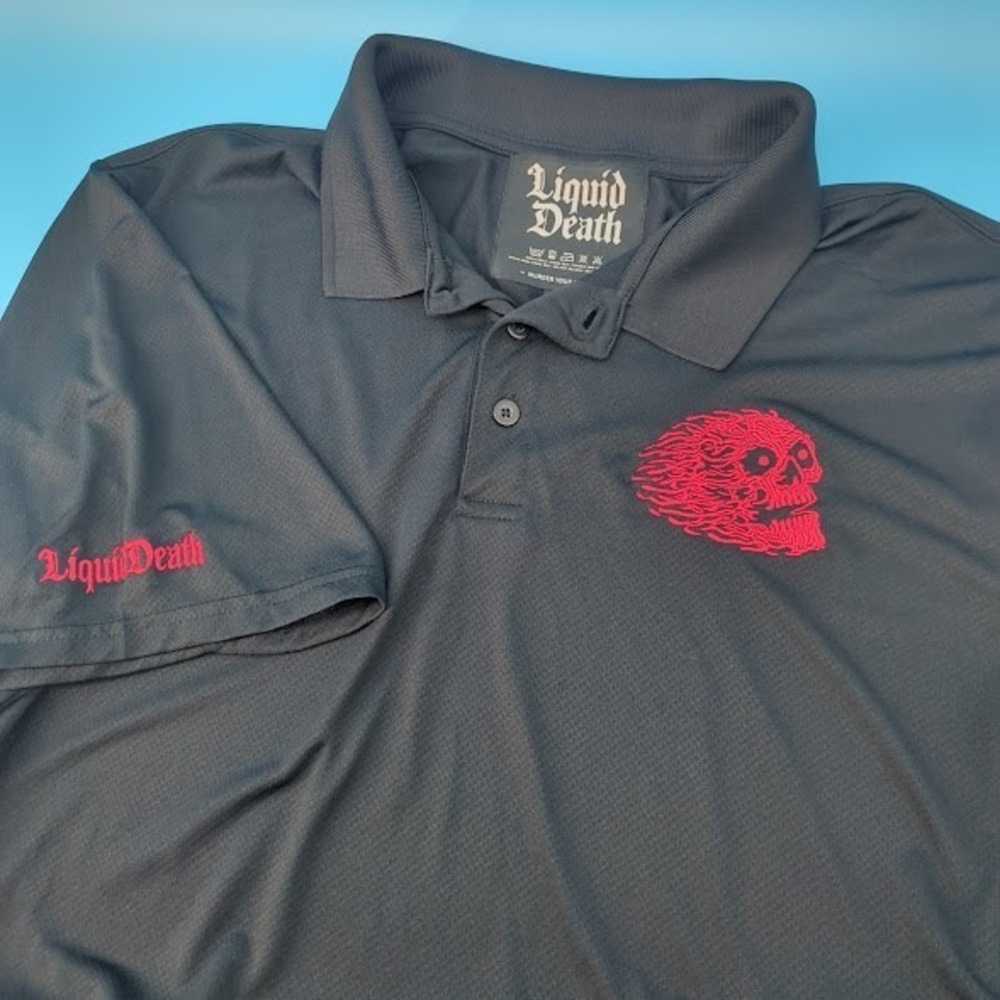 Liquid Death Polo Shirt Mens XL Black Short Sleeve Embroidered Red Skull Logo